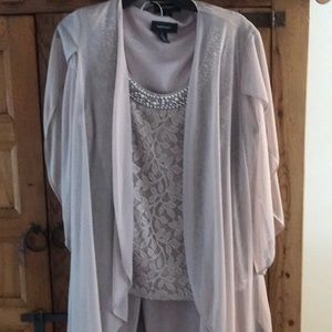 R &M Richards three piece embellished pearl dusty rose pant suit